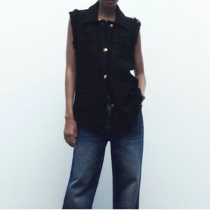 Zara Black Structured Frayed Trim Textured Vest With Gold Buttons Size XS